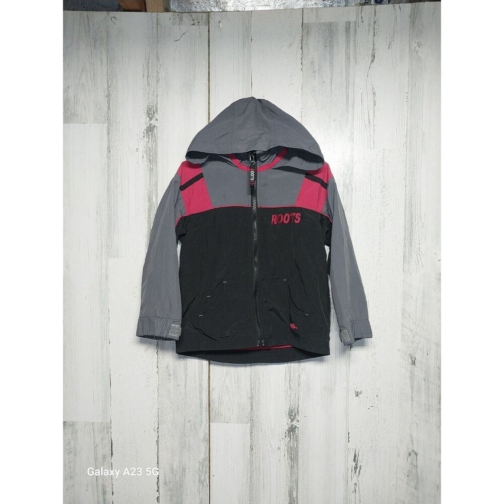 Boys 3T Roots Jacket Hideable Hood Gray Red